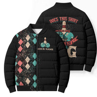 Custom Bowling Balls Bomber Puffer Jacket with Does This Shirt Make My Balls Look Big Quote and Retro Argyle Pattern - Wonder Print Shop