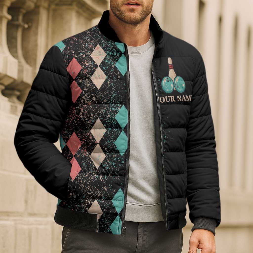 Custom Bowling Balls Bomber Puffer Jacket with Does This Shirt Make My Balls Look Big Quote and Retro Argyle Pattern - Wonder Print Shop