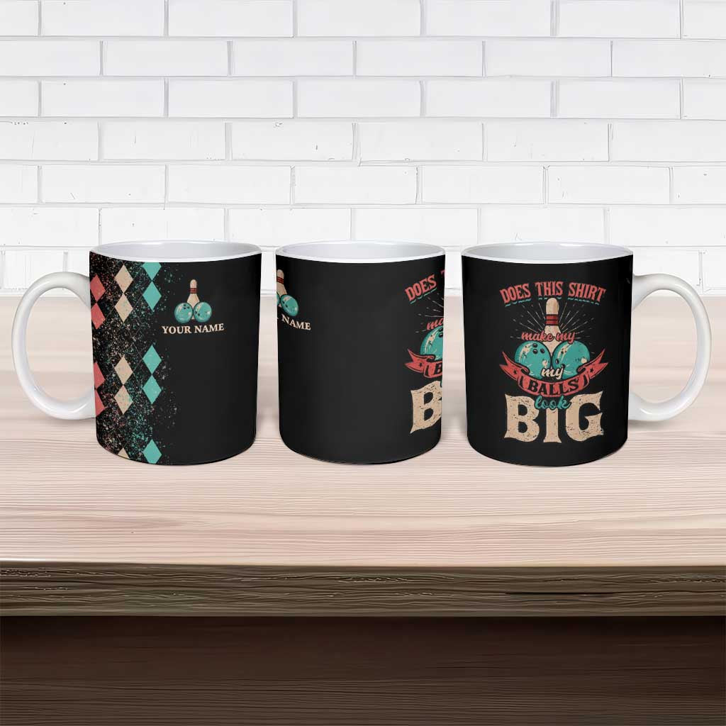 Custom Bowling Balls Ceramic Mug with Does This Shirt Make My Balls Look Big Quote and Retro Argyle Pattern - Wonder Print Shop