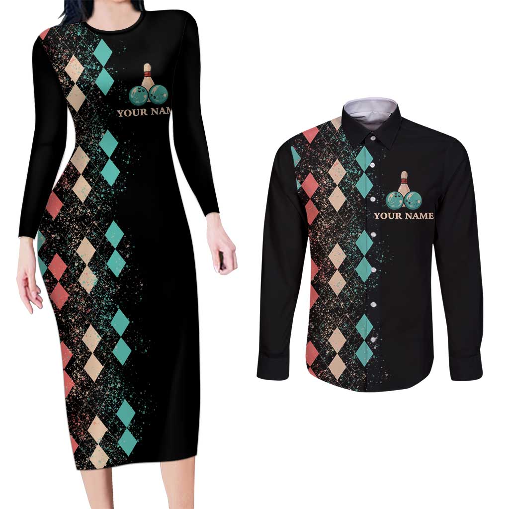 Custom Bowling Balls Couples Matching Long Sleeve Bodycon Dress and Long Sleeve Button Shirt with Does This Shirt Make My Balls Look Big Quote and Retro Argyle Pattern - Wonder Print Shop
