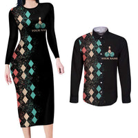 Custom Bowling Balls Couples Matching Long Sleeve Bodycon Dress and Long Sleeve Button Shirt with Does This Shirt Make My Balls Look Big Quote and Retro Argyle Pattern - Wonder Print Shop