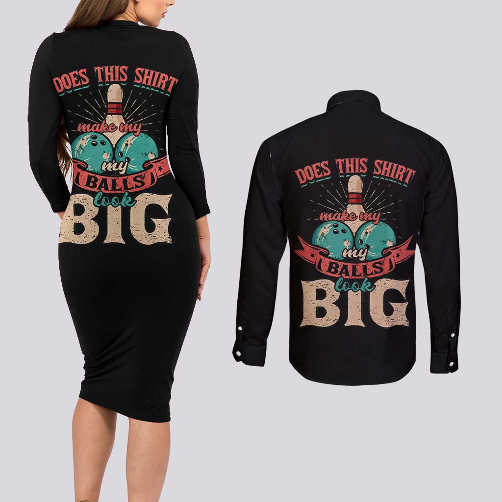 Custom Bowling Balls Couples Matching Long Sleeve Bodycon Dress and Long Sleeve Button Shirt with Does This Shirt Make My Balls Look Big Quote and Retro Argyle Pattern - Wonder Print Shop