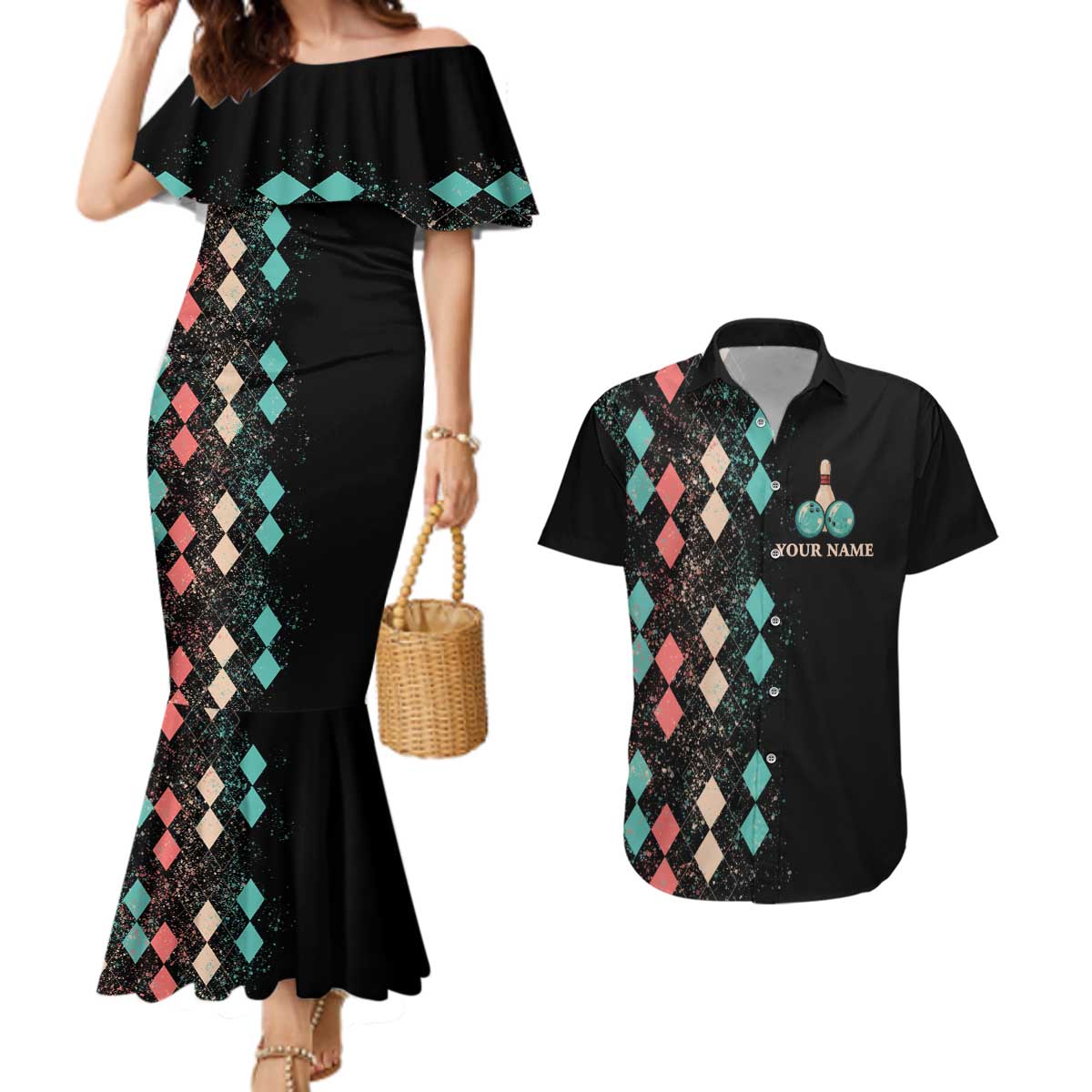 Custom Bowling Balls Couples Matching Mermaid Dress and Hawaiian Shirt with Does This Shirt Make My Balls Look Big Quote and Retro Argyle Pattern - Wonder Print Shop