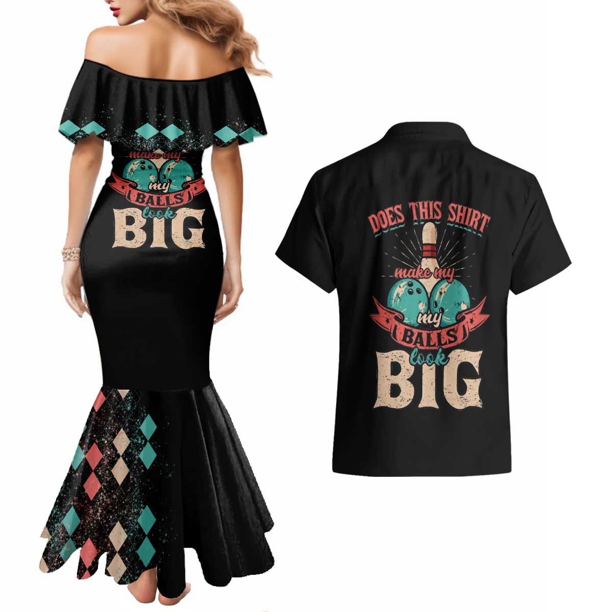 Custom Bowling Balls Couples Matching Mermaid Dress and Hawaiian Shirt with Does This Shirt Make My Balls Look Big Quote and Retro Argyle Pattern - Wonder Print Shop