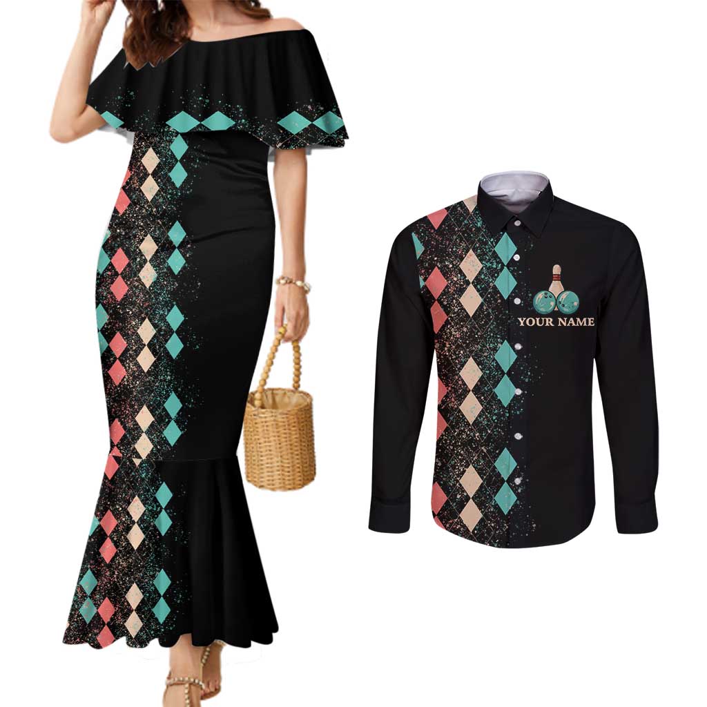 Custom Bowling Balls Couples Matching Mermaid Dress and Long Sleeve Button Shirt with Does This Shirt Make My Balls Look Big Quote and Retro Argyle Pattern - Wonder Print Shop