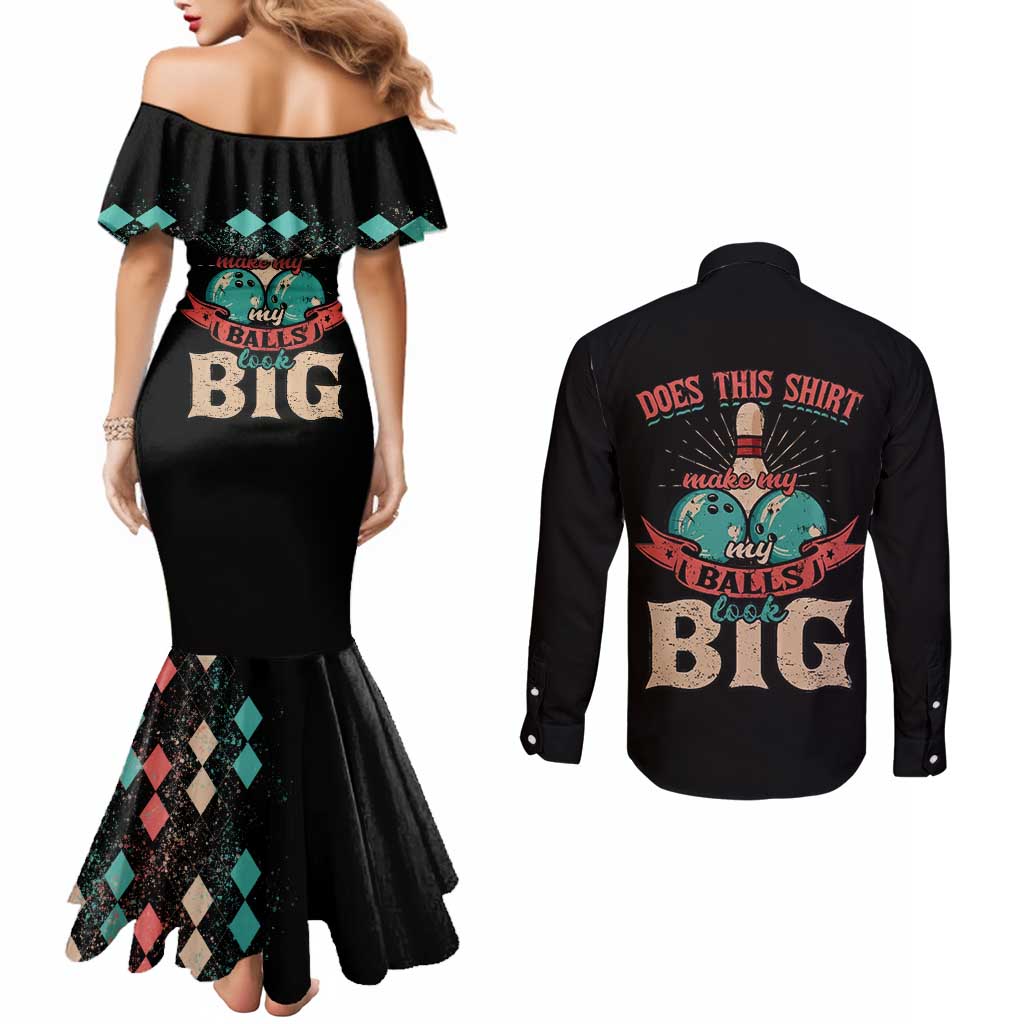 Custom Bowling Balls Couples Matching Mermaid Dress and Long Sleeve Button Shirt with Does This Shirt Make My Balls Look Big Quote and Retro Argyle Pattern - Wonder Print Shop