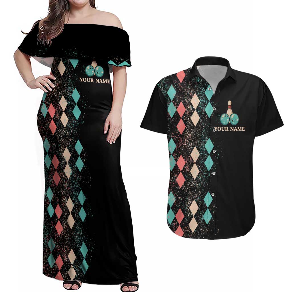 Custom Bowling Balls Couples Matching Off Shoulder Maxi Dress and Hawaiian Shirt with Does This Shirt Make My Balls Look Big Quote and Retro Argyle Pattern - Wonder Print Shop