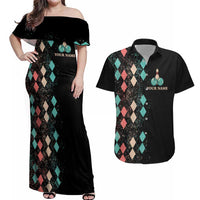Custom Bowling Balls Couples Matching Off Shoulder Maxi Dress and Hawaiian Shirt with Does This Shirt Make My Balls Look Big Quote and Retro Argyle Pattern - Wonder Print Shop