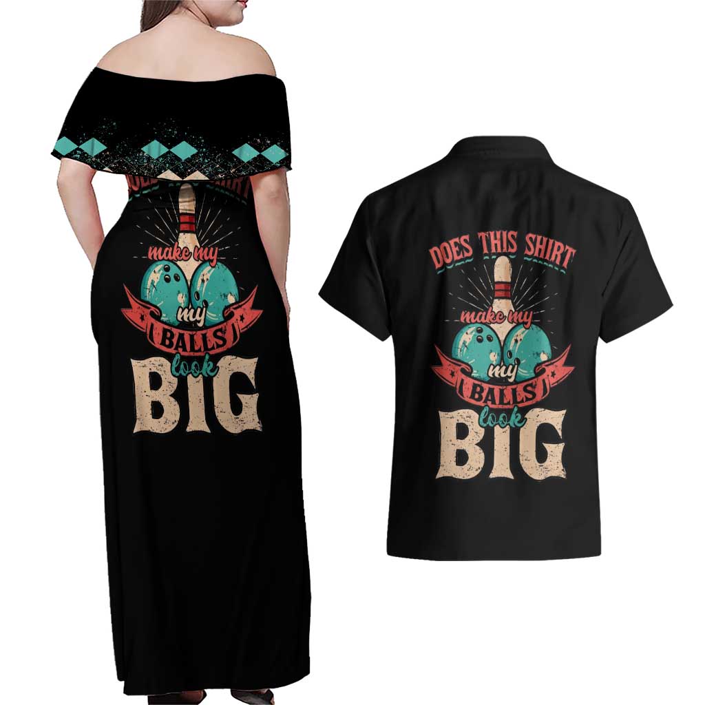 Custom Bowling Balls Couples Matching Off Shoulder Maxi Dress and Hawaiian Shirt with Does This Shirt Make My Balls Look Big Quote and Retro Argyle Pattern - Wonder Print Shop