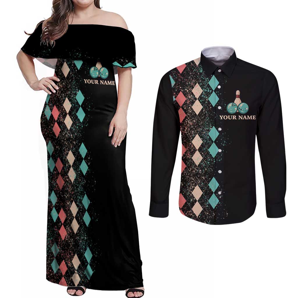 Custom Bowling Balls Couples Matching Off Shoulder Maxi Dress and Long Sleeve Button Shirt with Does This Shirt Make My Balls Look Big Quote and Retro Argyle Pattern - Wonder Print Shop