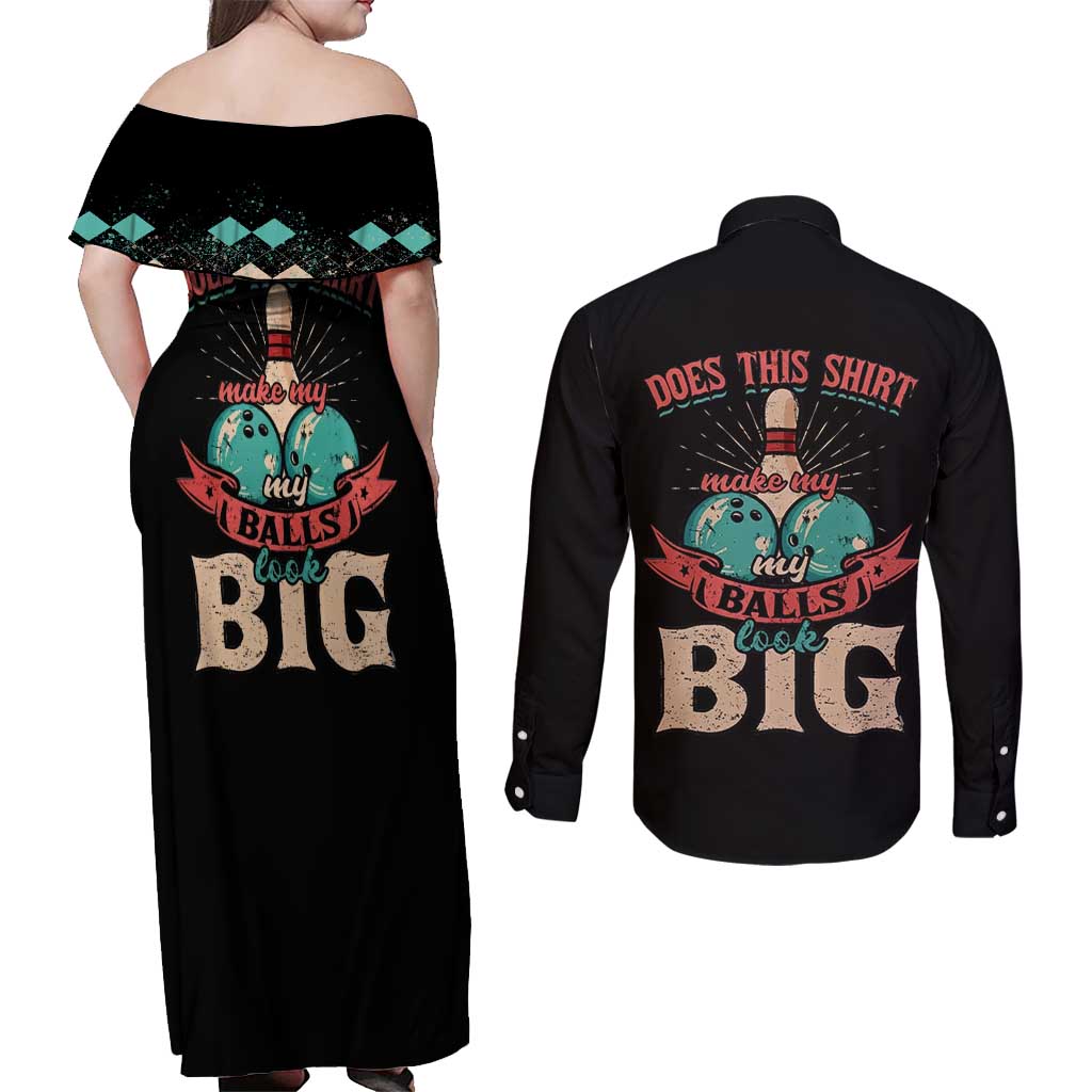 Custom Bowling Balls Couples Matching Off Shoulder Maxi Dress and Long Sleeve Button Shirt with Does This Shirt Make My Balls Look Big Quote and Retro Argyle Pattern - Wonder Print Shop
