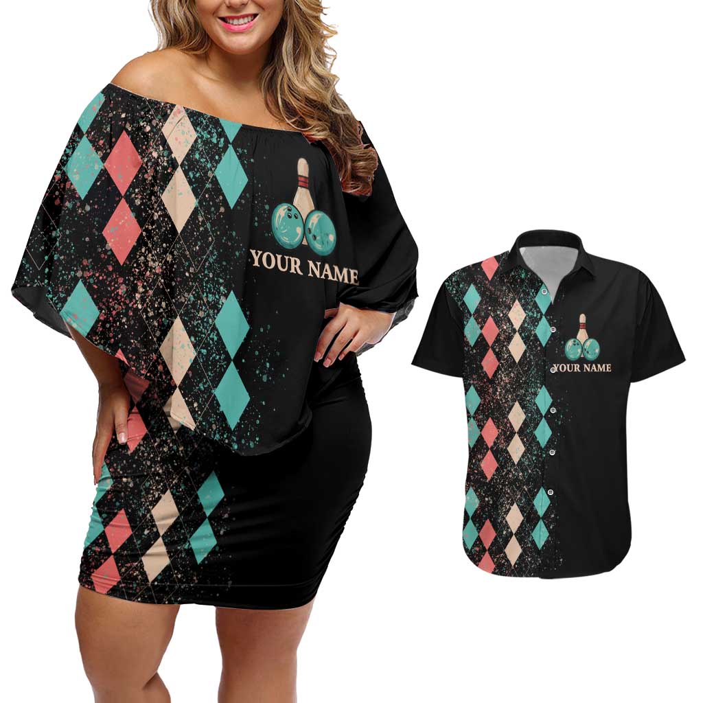 Custom Bowling Balls Couples Matching Off Shoulder Short Dress and Hawaiian Shirt with Does This Shirt Make My Balls Look Big Quote and Retro Argyle Pattern - Wonder Print Shop
