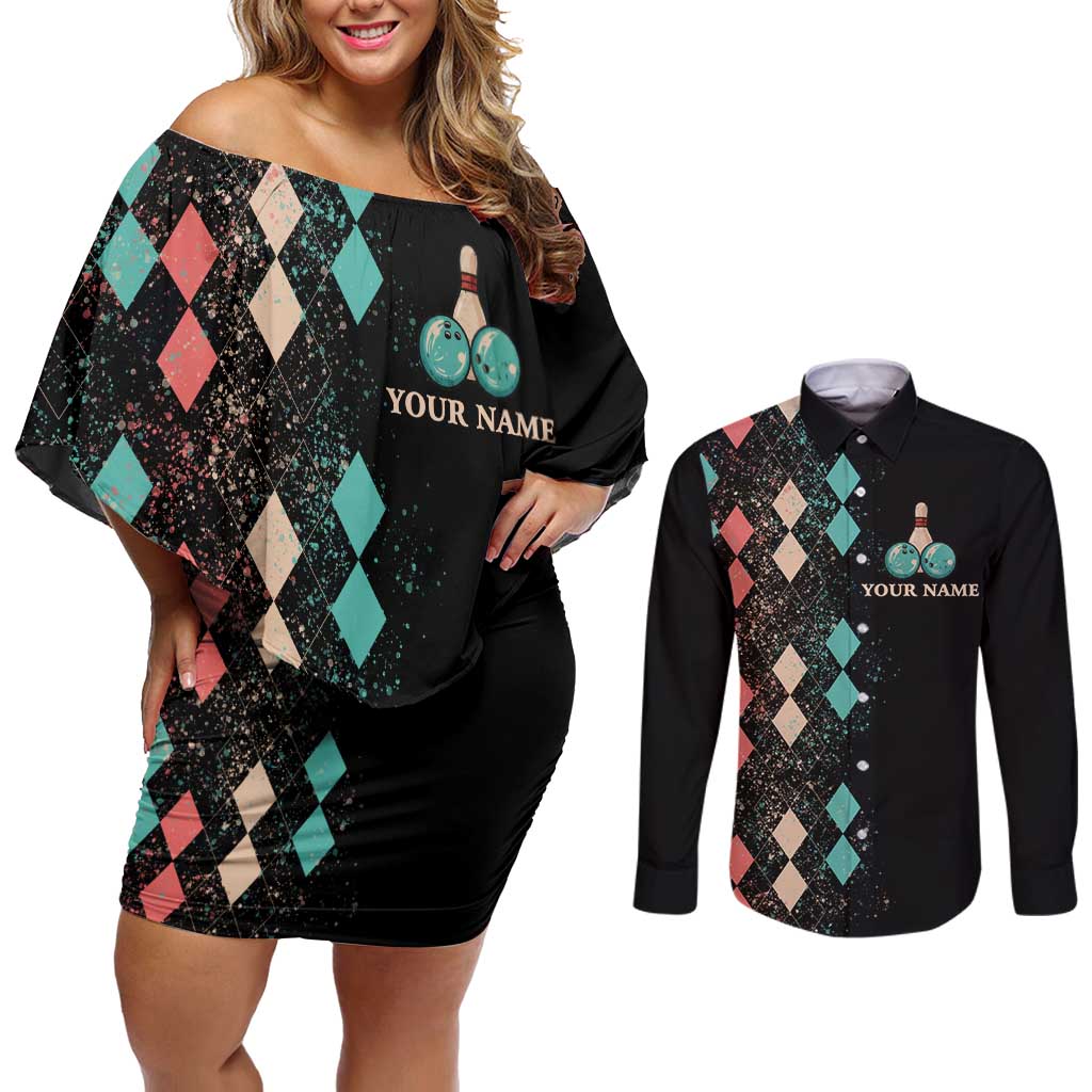 Custom Bowling Balls Couples Matching Off Shoulder Short Dress and Long Sleeve Button Shirt with Does This Shirt Make My Balls Look Big Quote and Retro Argyle Pattern - Wonder Print Shop