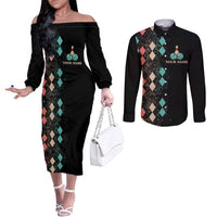 Custom Bowling Balls Couples Matching Off The Shoulder Long Sleeve Dress and Long Sleeve Button Shirt with Does This Shirt Make My Balls Look Big Quote and Retro Argyle Pattern - Wonder Print Shop