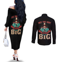Custom Bowling Balls Couples Matching Off The Shoulder Long Sleeve Dress and Long Sleeve Button Shirt with Does This Shirt Make My Balls Look Big Quote and Retro Argyle Pattern - Wonder Print Shop