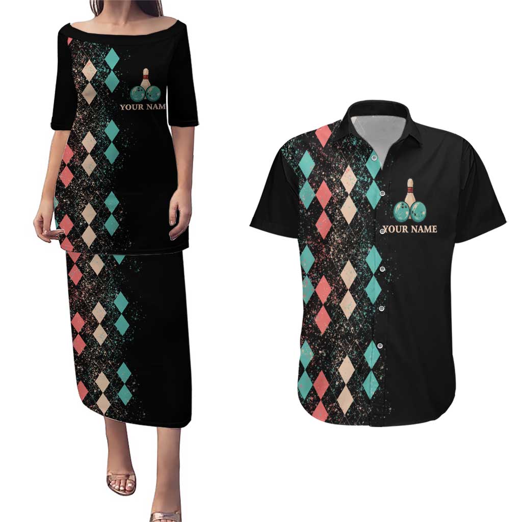 Custom Bowling Balls Couples Matching Puletasi and Hawaiian Shirt with Does This Shirt Make My Balls Look Big Quote and Retro Argyle Pattern - Wonder Print Shop