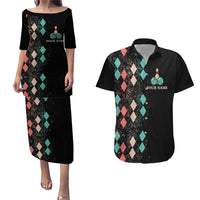 Custom Bowling Balls Couples Matching Puletasi and Hawaiian Shirt with Does This Shirt Make My Balls Look Big Quote and Retro Argyle Pattern - Wonder Print Shop