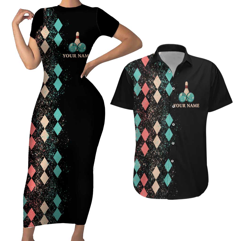 Custom Bowling Balls Couples Matching Short Sleeve Bodycon Dress and Hawaiian Shirt with Does This Shirt Make My Balls Look Big Quote and Retro Argyle Pattern - Wonder Print Shop