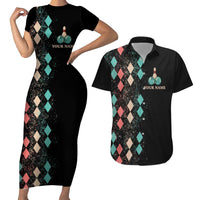 Custom Bowling Balls Couples Matching Short Sleeve Bodycon Dress and Hawaiian Shirt with Does This Shirt Make My Balls Look Big Quote and Retro Argyle Pattern - Wonder Print Shop