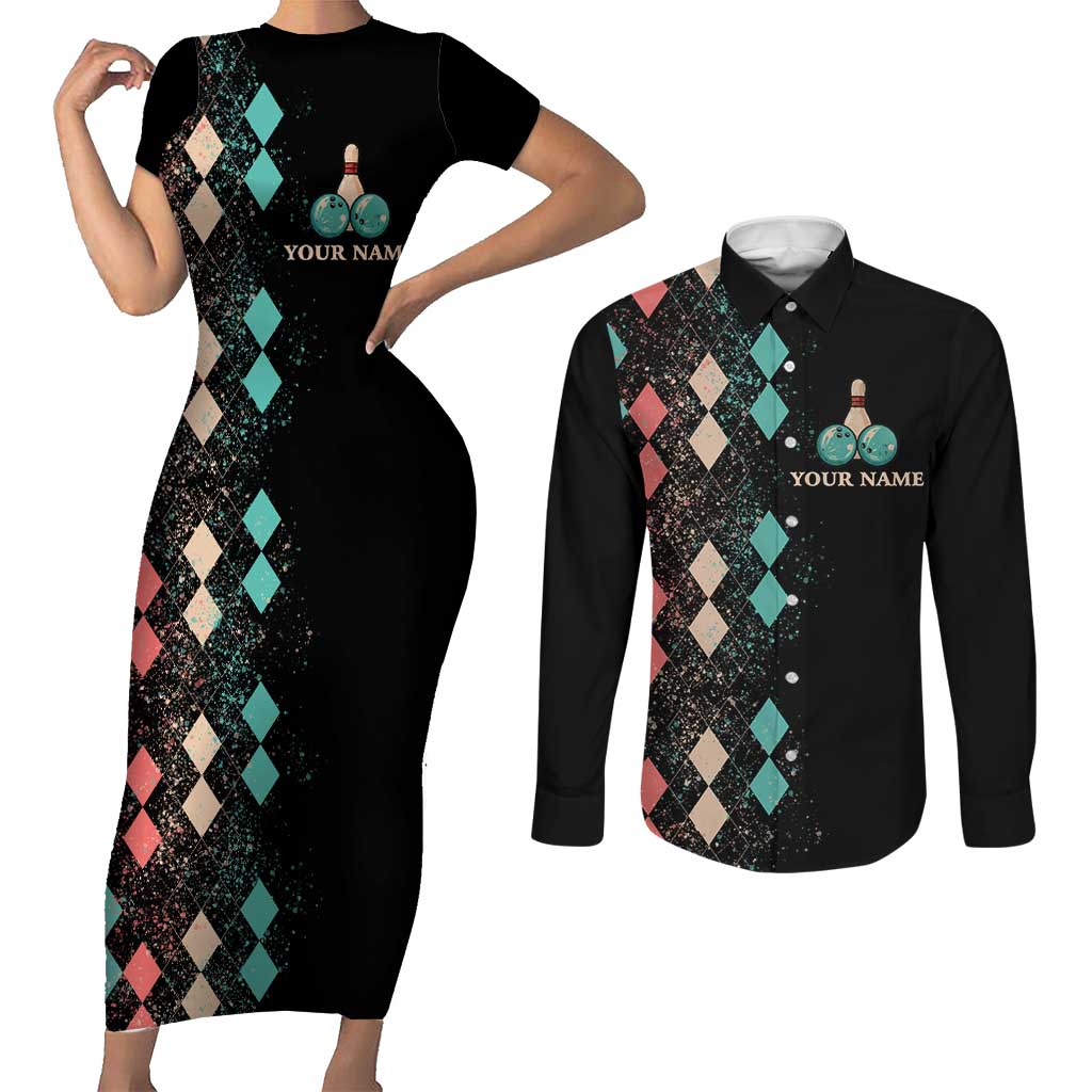 Custom Bowling Balls Couples Matching Short Sleeve Bodycon Dress and Long Sleeve Button Shirt with Does This Shirt Make My Balls Look Big Quote and Retro Argyle Pattern - Wonder Print Shop