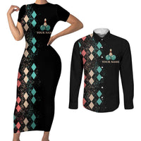 Custom Bowling Balls Couples Matching Short Sleeve Bodycon Dress and Long Sleeve Button Shirt with Does This Shirt Make My Balls Look Big Quote and Retro Argyle Pattern - Wonder Print Shop