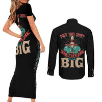 Custom Bowling Balls Couples Matching Short Sleeve Bodycon Dress and Long Sleeve Button Shirt with Does This Shirt Make My Balls Look Big Quote and Retro Argyle Pattern - Wonder Print Shop