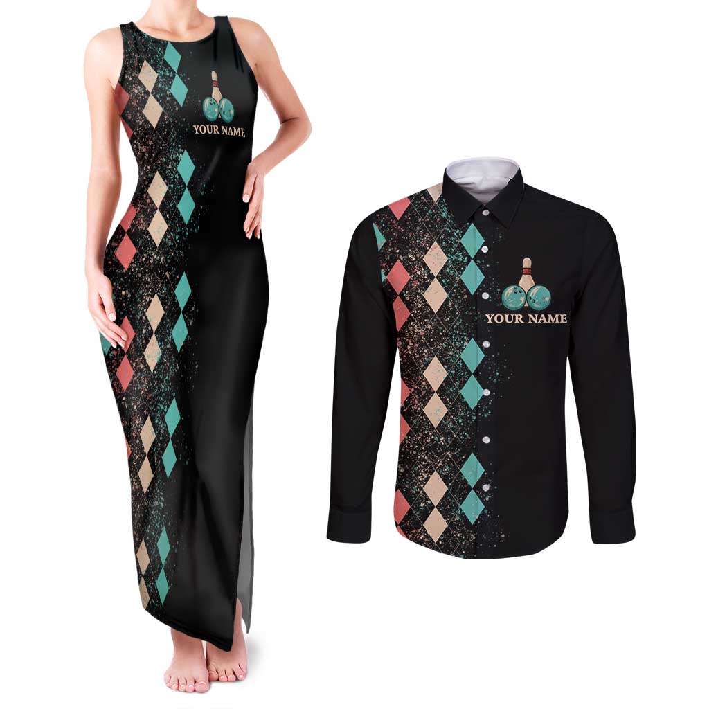 Custom Bowling Balls Couples Matching Tank Maxi Dress and Long Sleeve Button Shirt with Does This Shirt Make My Balls Look Big Quote and Retro Argyle Pattern - Wonder Print Shop