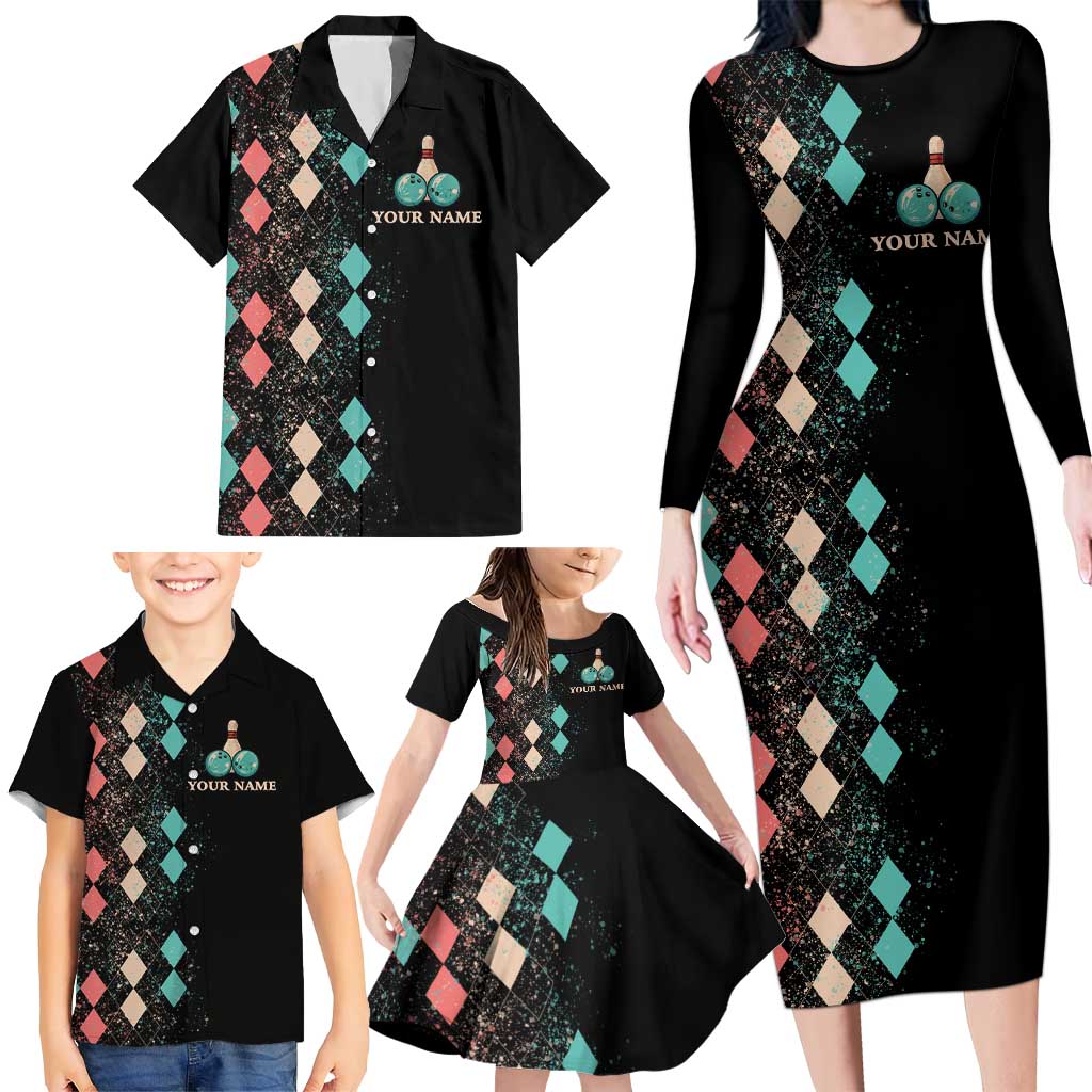 Custom Bowling Balls Family Matching Long Sleeve Bodycon Dress and Hawaiian Shirt with Does This Shirt Make My Balls Look Big Quote and Retro Argyle Pattern - Wonder Print Shop