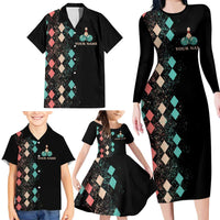 Custom Bowling Balls Family Matching Long Sleeve Bodycon Dress and Hawaiian Shirt with Does This Shirt Make My Balls Look Big Quote and Retro Argyle Pattern - Wonder Print Shop