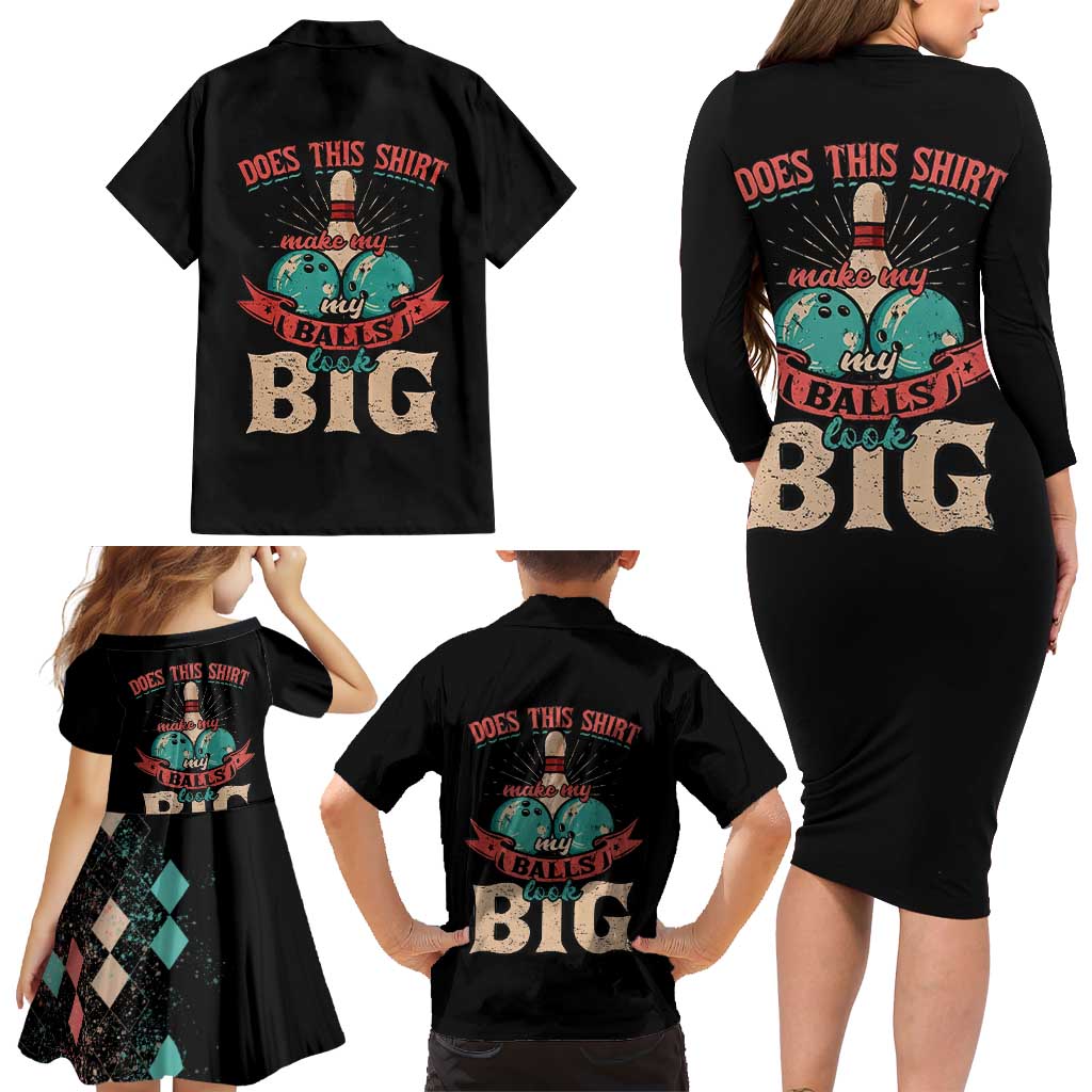 Custom Bowling Balls Family Matching Long Sleeve Bodycon Dress and Hawaiian Shirt with Does This Shirt Make My Balls Look Big Quote and Retro Argyle Pattern - Wonder Print Shop
