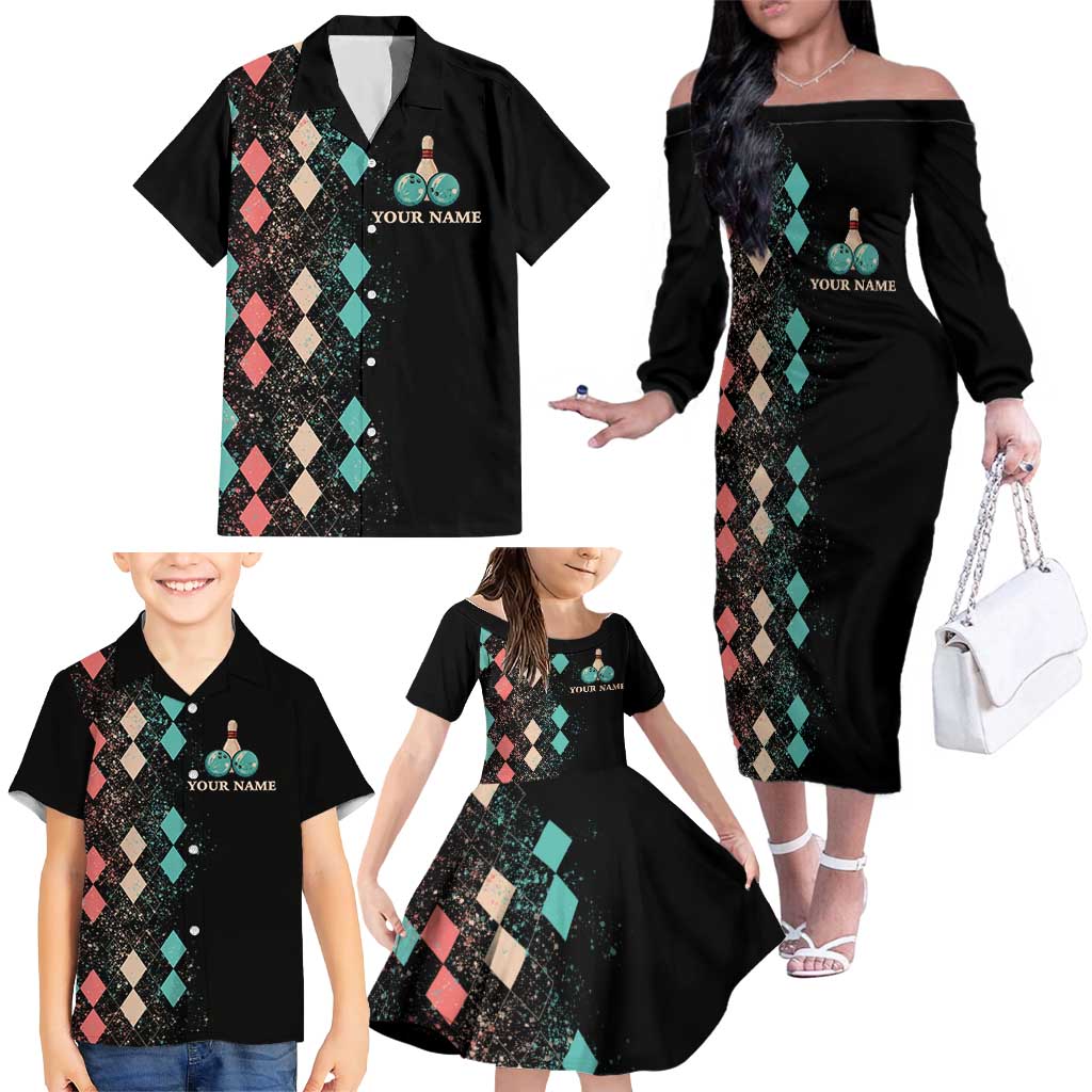Custom Bowling Balls Family Matching Off The Shoulder Long Sleeve Dress and Hawaiian Shirt with Does This Shirt Make My Balls Look Big Quote and Retro Argyle Pattern - Wonder Print Shop