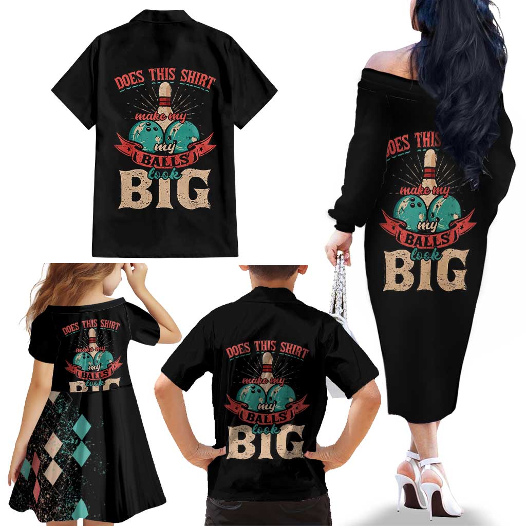Custom Bowling Balls Family Matching Off The Shoulder Long Sleeve Dress and Hawaiian Shirt with Does This Shirt Make My Balls Look Big Quote and Retro Argyle Pattern - Wonder Print Shop