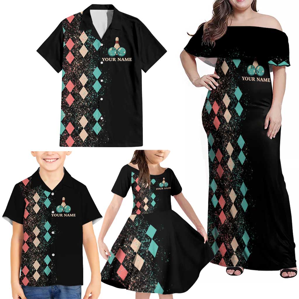 Custom Bowling Balls Family Matching Off Shoulder Maxi Dress and Hawaiian Shirt with Does This Shirt Make My Balls Look Big Quote and Retro Argyle Pattern - Wonder Print Shop
