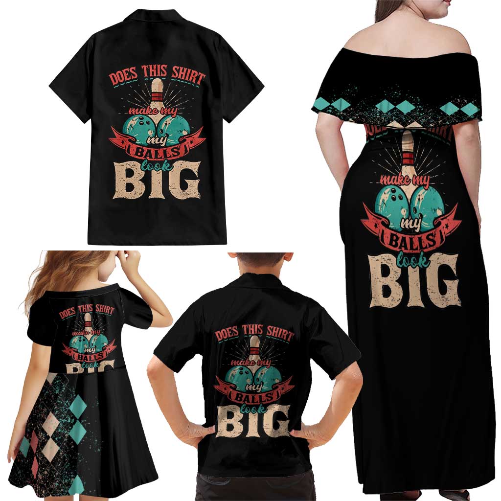 Custom Bowling Balls Family Matching Off Shoulder Maxi Dress and Hawaiian Shirt with Does This Shirt Make My Balls Look Big Quote and Retro Argyle Pattern - Wonder Print Shop