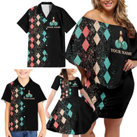 Custom Bowling Balls Family Matching Off Shoulder Short Dress and Hawaiian Shirt with Does This Shirt Make My Balls Look Big Quote and Retro Argyle Pattern - Wonder Print Shop