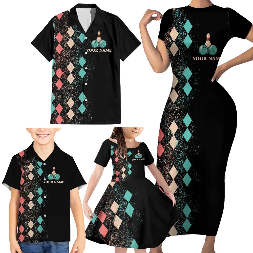 Custom Bowling Balls Family Matching Short Sleeve Bodycon Dress and Hawaiian Shirt with Does This Shirt Make My Balls Look Big Quote and Retro Argyle Pattern - Wonder Print Shop