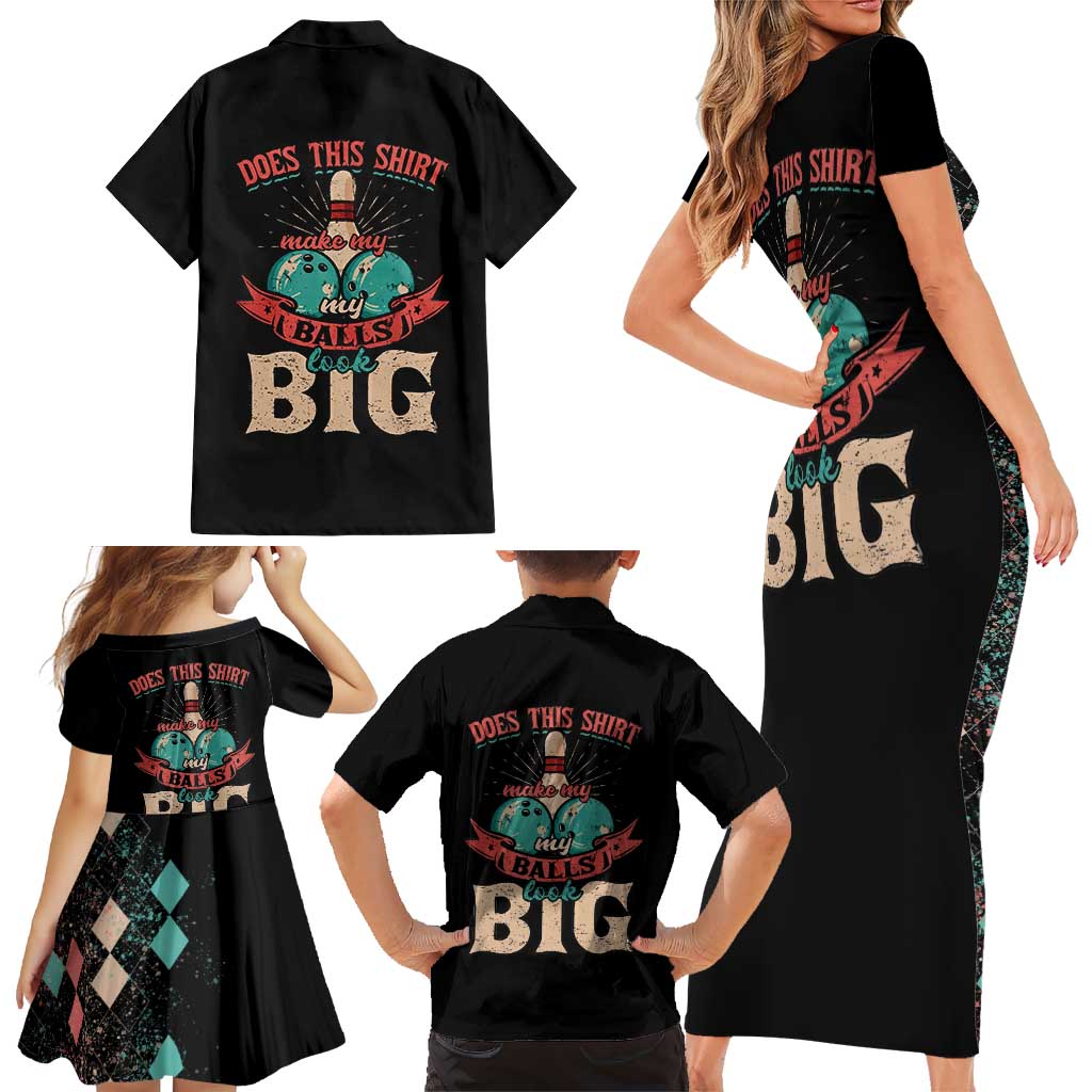 Custom Bowling Balls Family Matching Short Sleeve Bodycon Dress and Hawaiian Shirt with Does This Shirt Make My Balls Look Big Quote and Retro Argyle Pattern - Wonder Print Shop