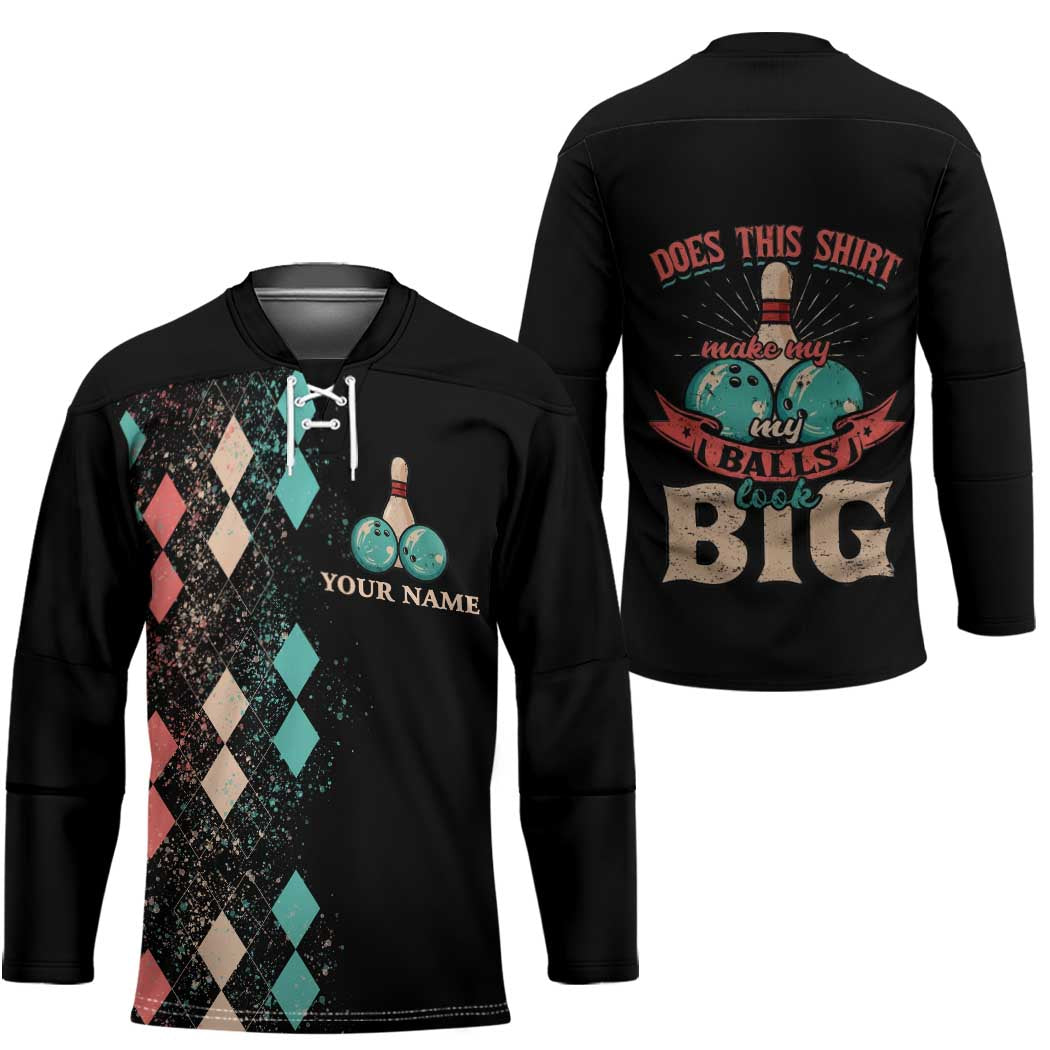 Custom Bowling Balls Hockey Jersey with Does This Shirt Make My Balls Look Big Quote and Retro Argyle Pattern - Wonder Print Shop