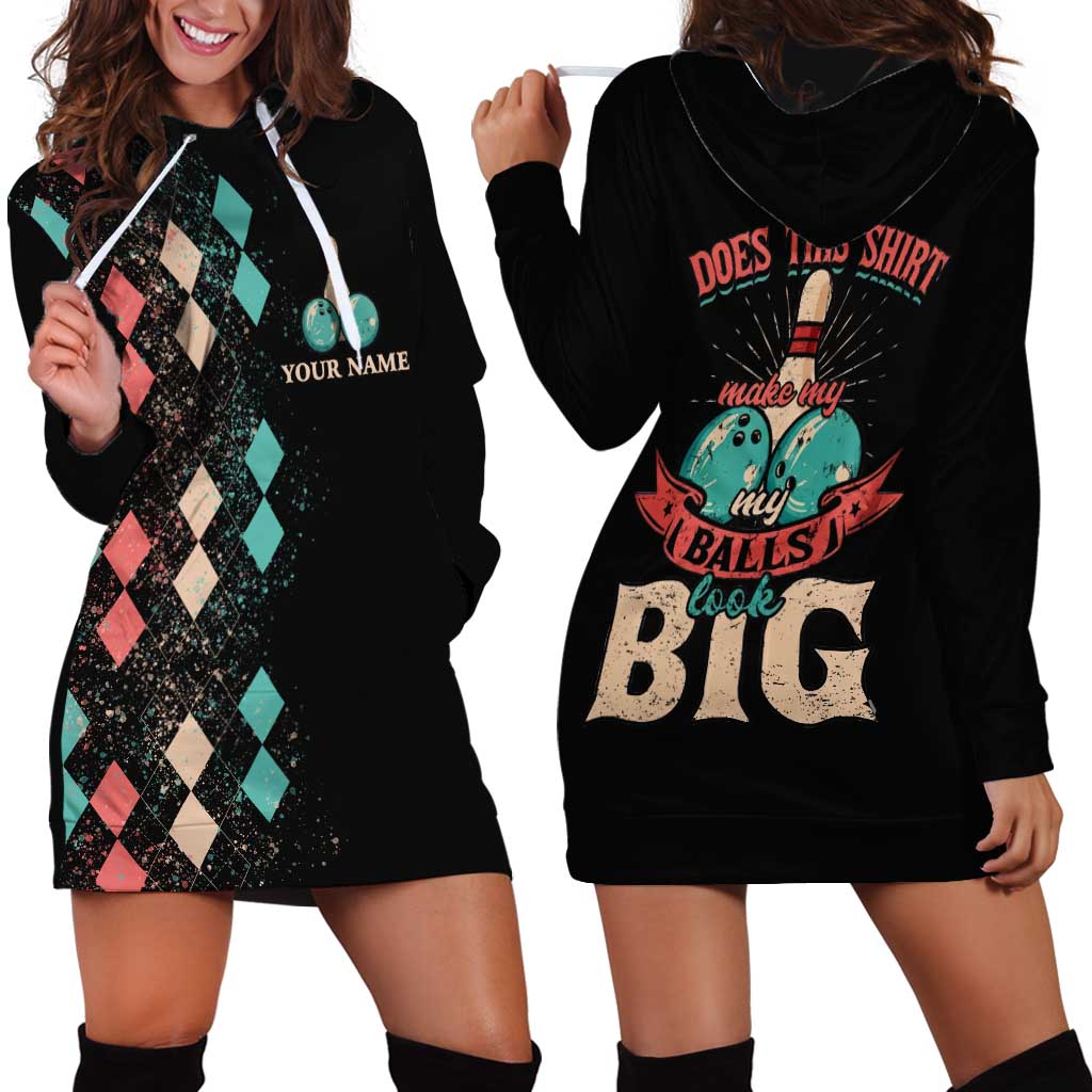Custom Bowling Balls Hoodie Dress with Does This Shirt Make My Balls Look Big Quote and Retro Argyle Pattern - Wonder Print Shop