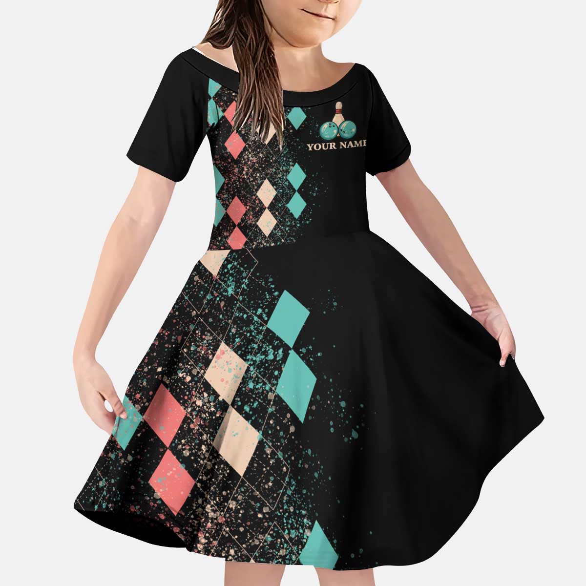 Custom Bowling Balls Kid Short Sleeve Dress with Does This Shirt Make My Balls Look Big Quote and Retro Argyle Pattern - Wonder Print Shop