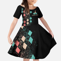 Custom Bowling Balls Kid Short Sleeve Dress with Does This Shirt Make My Balls Look Big Quote and Retro Argyle Pattern - Wonder Print Shop
