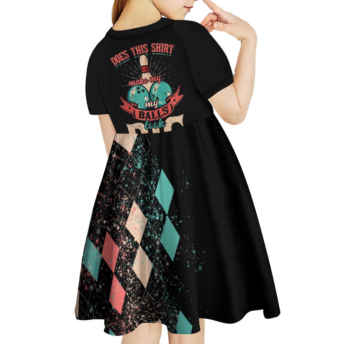 Custom Bowling Balls Kid Short Sleeve Dress with Does This Shirt Make My Balls Look Big Quote and Retro Argyle Pattern - Wonder Print Shop