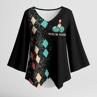 Custom Bowling Balls Kimono Sleeve Blouse with Does This Shirt Make My Balls Look Big Quote and Retro Argyle Pattern - Wonder Print Shop