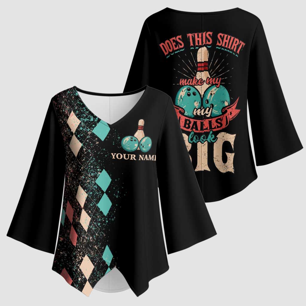 Custom Bowling Balls Kimono Sleeve Blouse with Does This Shirt Make My Balls Look Big Quote and Retro Argyle Pattern - Wonder Print Shop