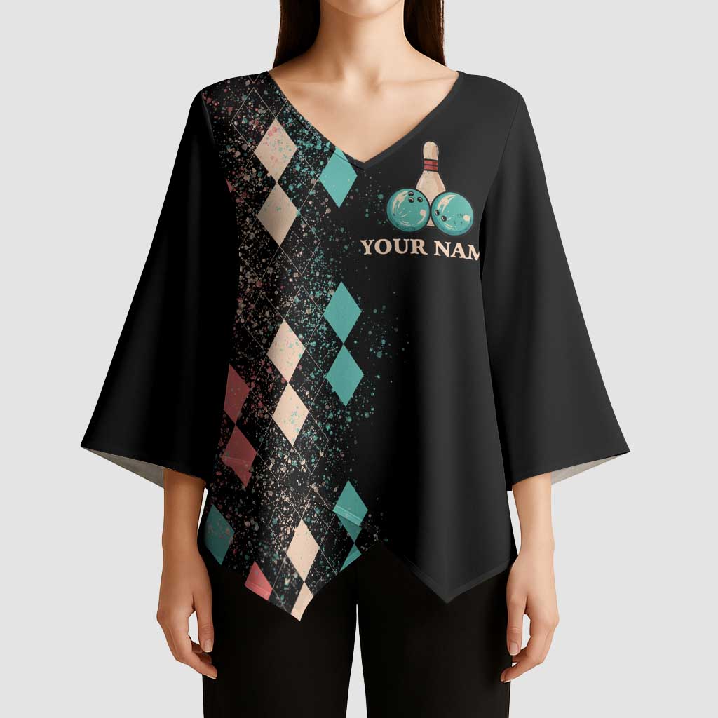 Custom Bowling Balls Kimono Sleeve Blouse with Does This Shirt Make My Balls Look Big Quote and Retro Argyle Pattern - Wonder Print Shop