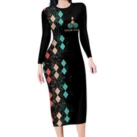Custom Bowling Balls Long Sleeve Bodycon Dress with Does This Shirt Make My Balls Look Big Quote and Retro Argyle Pattern - Wonder Print Shop