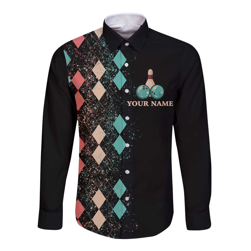 Custom Bowling Balls Long Sleeve Button Shirt with Does This Shirt Make My Balls Look Big Quote and Retro Argyle Pattern - Wonder Print Shop