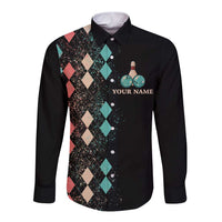 Custom Bowling Balls Long Sleeve Button Shirt with Does This Shirt Make My Balls Look Big Quote and Retro Argyle Pattern - Wonder Print Shop