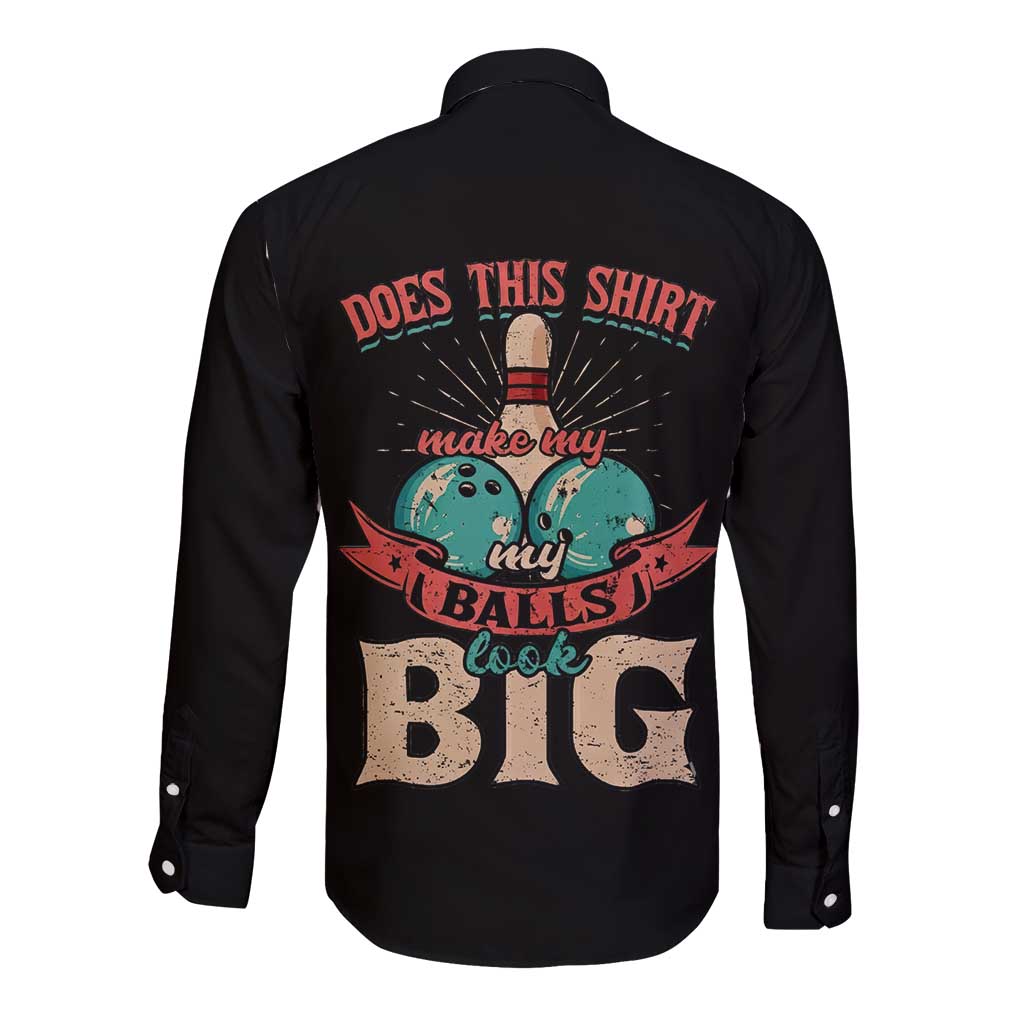 Custom Bowling Balls Long Sleeve Button Shirt with Does This Shirt Make My Balls Look Big Quote and Retro Argyle Pattern - Wonder Print Shop
