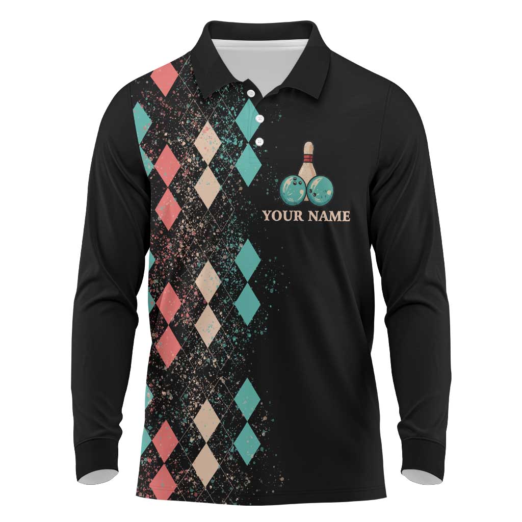 Custom Bowling Balls Long Sleeve Polo Shirt with Does This Shirt Make My Balls Look Big Quote and Retro Argyle Pattern - Wonder Print Shop